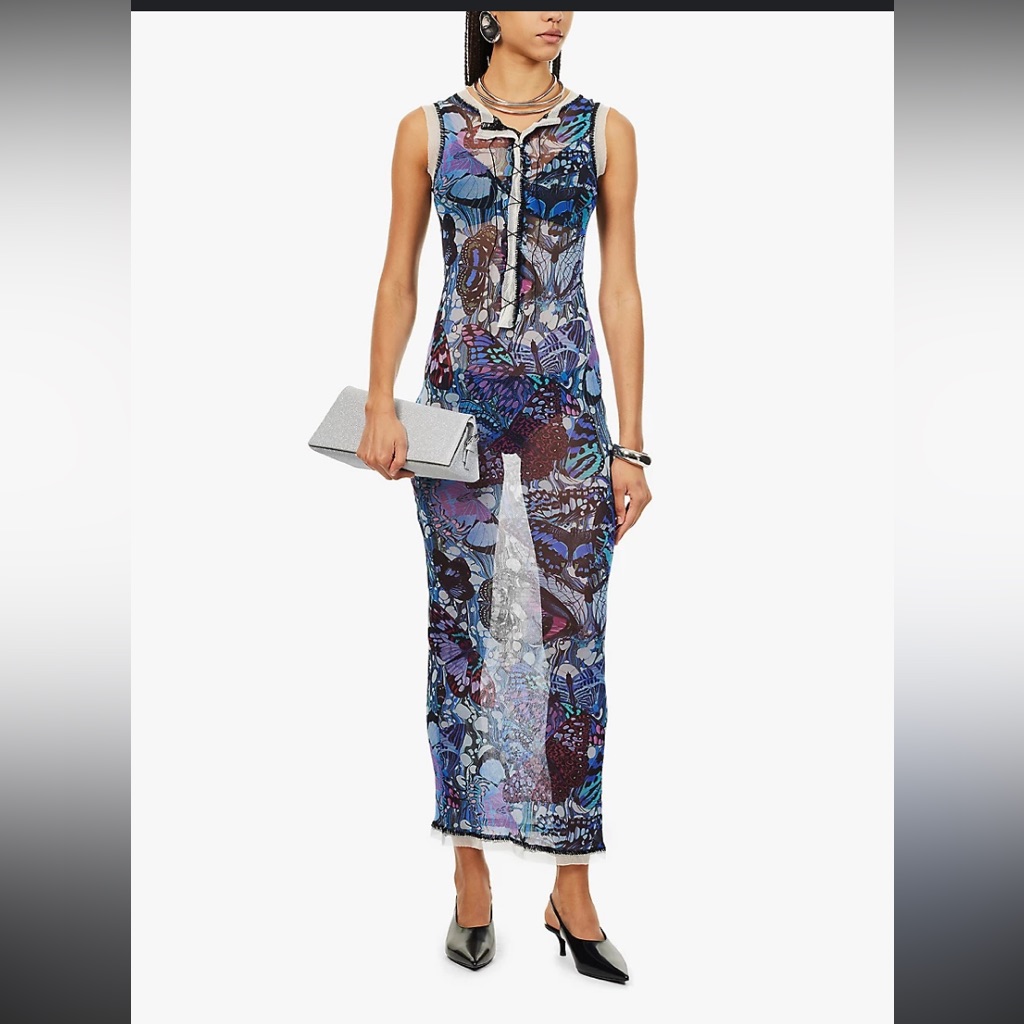 Jean Paul Gaultier Butterfly Graphic-Print Stretch-Mesh Maxi Dress Formal Party